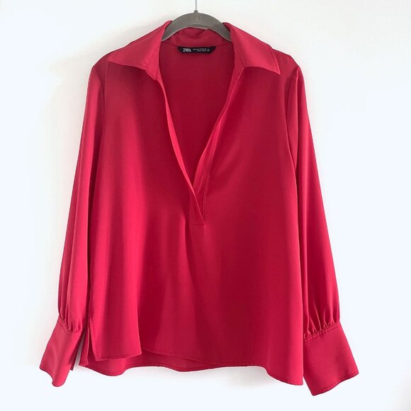 Zara Red Flowy Blouse Size Medium - Picture 3 of 10